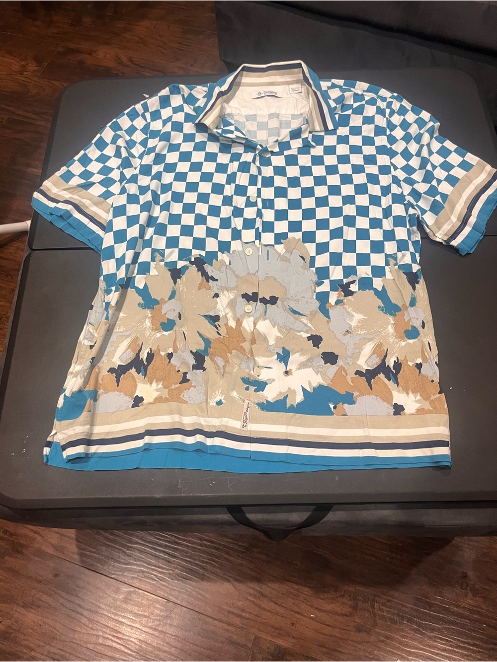 Original Penguin Blue and Beige Checkerboard Floral Short Sleeve Shirt